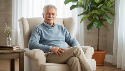 Fototapeta premium Smiling senior man sitting comfortably in a beige armchair at home