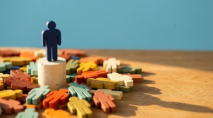 Fototapeta premium Male figure standing on a wooden pedestal amidst colorful wooden people symbols representing individual uniqueness and diversity in a conceptual scene