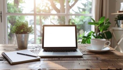 Fototapeta premium Cozy remote work desk with a laptop mockup, notebook, coffee cup, and indoor plants by a sunny window. Bright home office workspace ideal for productivity, freelancing, and digital lifestyle.