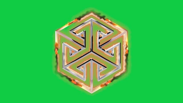 A complex geometric cube is revealed by lines of fire, unveiling a polished metallic structure. This 4K 60fps animation has a hold point, is on a keyable green screen, ideal for intros or logos.