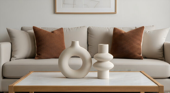Modern living room interior with sofa, stylish furniture, warm lighting and comfortable home decor