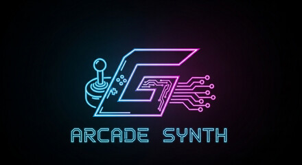 Neon arcade synth logo with joystick and circuit board on black background for gaming and technology concepts © Waqas