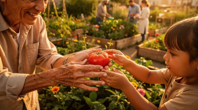 Multigenerational diverse hands sharing freshly harvested heirloom tomato, authentic community connection in a vibrant garden at golden hour