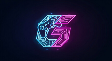 Neon gaming controller circuit board logo with pink and blue lights on dark background © Waqas