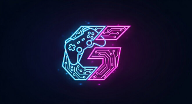 Neon gaming controller circuit board logo with pink and blue lights on dark background