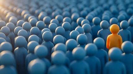 Obraz premium Unique yellow figure standing out among blue figures in a sea of identical characters, representing individuality and leadership in a crowd or organization