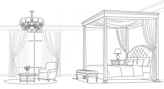 Luxurious bedroom interior with four poster bed sitting area and elegant chandelier