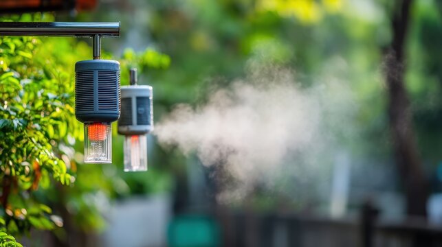 Outdoor atmospheric dew point sensors actively measuring environmental humidity with visible vapor emission