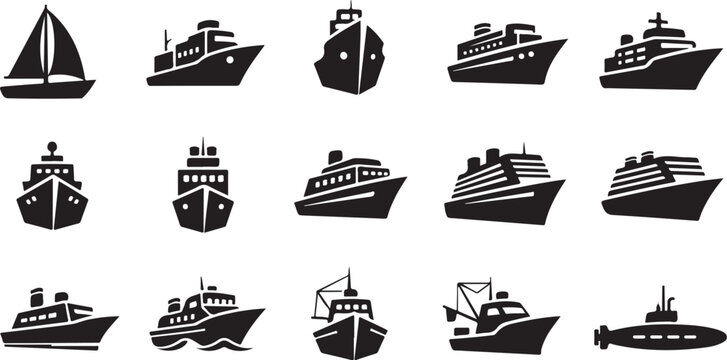 Various Black Silhouette Ship and Boat Icons Collection