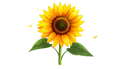 Fototapeta premium Vibrant illustration of a sunflower with lush yellow petals, green stem and leaves, against black