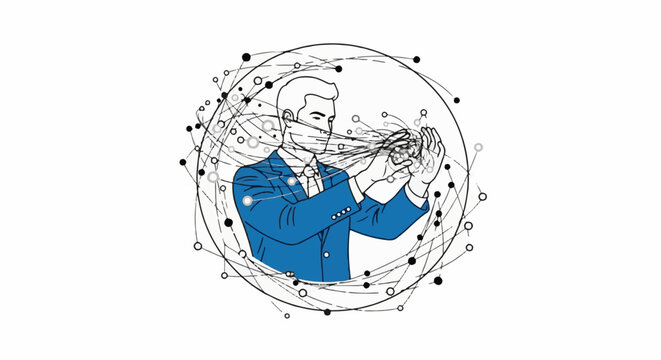 Man in blue suit manipulates abstract network of dots and lines