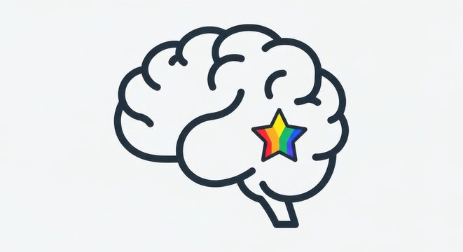A simple line drawing of a brain with a star in the center representing creativity and mental health