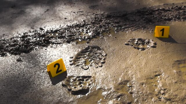 Top down close up view of yellow numbered crime scene markers next to a footprint and tire tracks in wet and damp shiny and reflective mud outdoors after a crime has been commited. Sunshine.