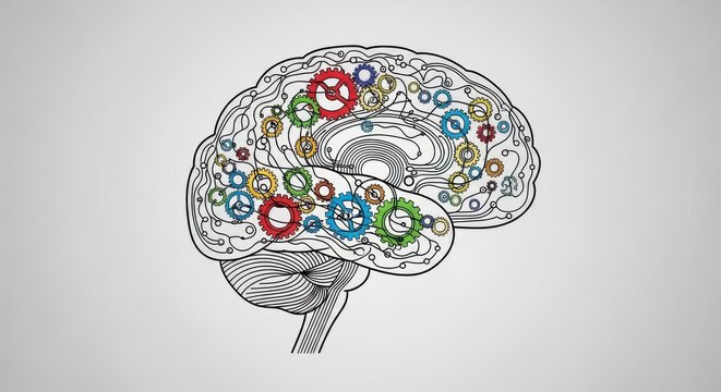 A brain with colorful gears and cogs inside on a grey background with a grey vignette effect around