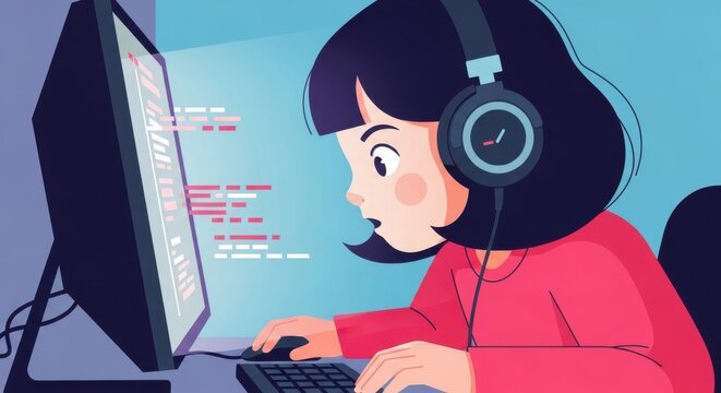 a cartoon woman wearing headphones sits at a computer terminal coding woman with headphones computer