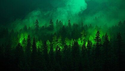 Obraz premium Deep Forest Canopy Engulfed in a Mysterious Green Fog, with Illuminated Trees Creating an Atmospheric and Ethereal Woodland Vista under a Dark Sky