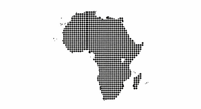 Silhouette of the African continent created with a uniform black halftone dot pattern. Minimalist vector graphic of Africa map isolated on a solid white background.
