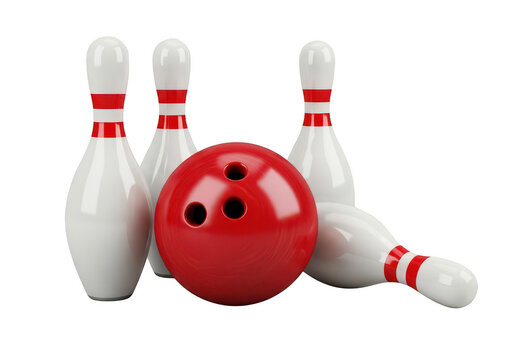 A smiling bowling ball knocking down red pins in a game setup