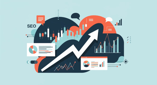 Flat vector collage representing business data analytics with an upward growth arrow, stock market candlestick charts, line graphs, pie charts, and SEO marketing icons on blue.