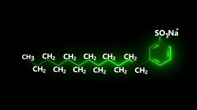 Glowing organic chemical structure featuring a long molecular chain connected to a benzene ring on a dark background. Scientific illustration ideal for chemistry, pharmaceuticals, biochemistry, 