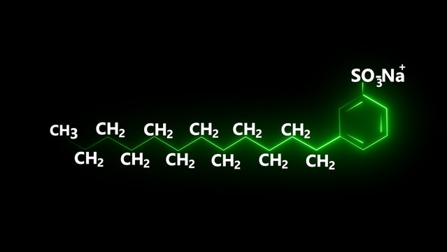 Glowing organic chemical structure featuring a long molecular chain connected to a benzene ring on a dark background. Scientific illustration ideal for chemistry, pharmaceuticals, biochemistry, 