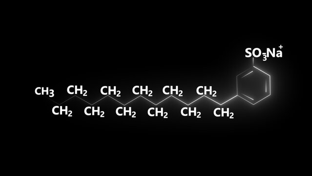 Glowing organic chemical structure featuring a long molecular chain connected to a benzene ring on a dark background. Scientific illustration ideal for chemistry, pharmaceuticals, biochemistry, 