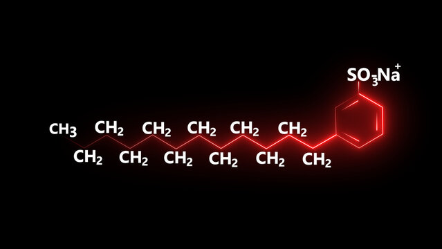 Glowing organic chemical structure featuring a long molecular chain connected to a benzene ring on a dark background. Scientific illustration ideal for chemistry, pharmaceuticals, biochemistry, 