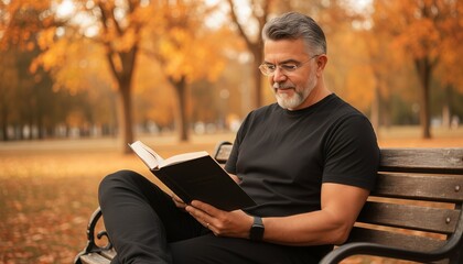 Fototapeta premium Man sitting on a park bench reading a book in autumn