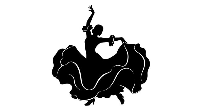 Silhouette of a Spanish Flamenco Dancer in Traditional Dress Performing an Elegant Dance Movement