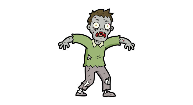 Cartoon Zombie Character Walking with Outstretched Arms and Tattered Clothes Isolated on White Background