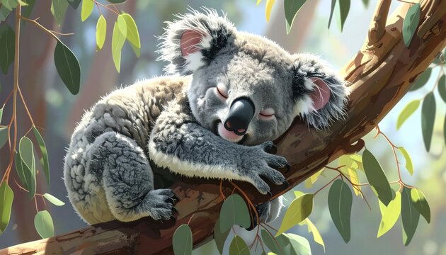 Adorable Koala Sleeping Peacefully on a Eucalyptus Tree Branch.