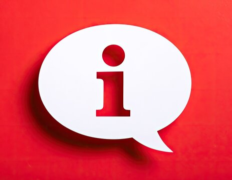 A white speech bubble with a red letter 'i' inside on a red background.