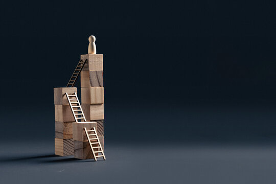 Career Advancement and Leadership Growth Concept with Wooden Blocks and Ladders