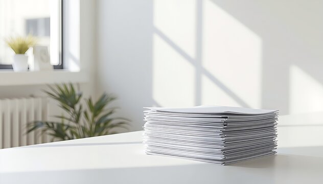 Paperwork stack with natural window light, calm office productivity concept