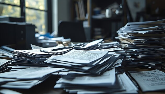 Messy office desk with scattered documents, overload paperwork and stress concept