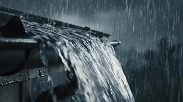 Heavy rain overflowing from a house gutter during a storm