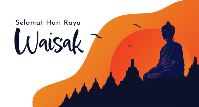 Vesak Day Banner Design with Sunset Landscape Illustration, Buddha Silhouette, Temple Skyline, and Orange Gradient Spiritual Background