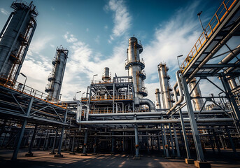 Fototapeta premium Industrial complex a view of a large oil refinery with towers and pipelines