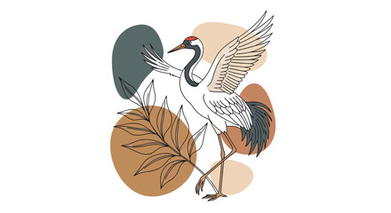 Fototapeta premium Elegant Red-Crowned Crane Illustration in Minimalist Boho Style with Abstract Shapes and Palm Leaf Detail