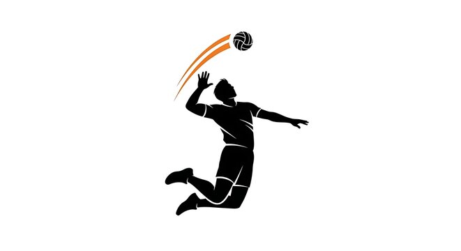A man in black silhouette jumping to hit a volleyball