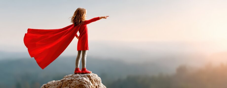Childhood Dreams And Aspirations Girl In Superhero Cape Standing On Rock Pointing Towards Horizon Imagination And Future Success Leadership Potential Ambition