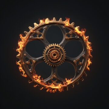 Burning mechanical gear with fiery sparks in futuristic industrial design