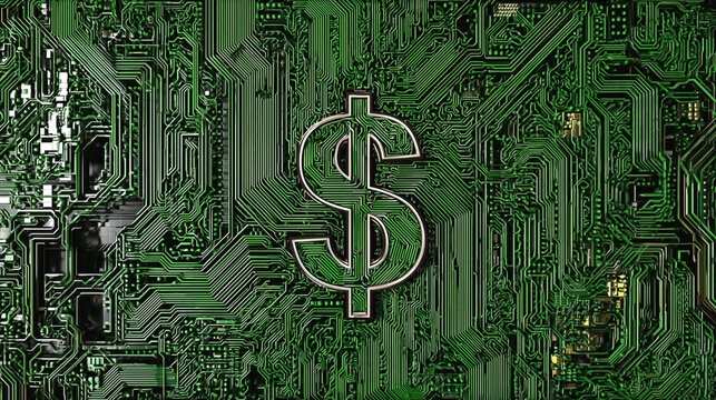 Dollar symbol embedded in green circuit board representing digital finance