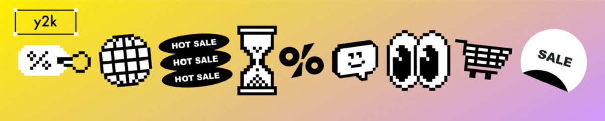 Y2k pixel art set of shopping stickers in 8 bit retro game digital nostalgic style. Price tag, clock, percentage symbol, big eyes and shopping cart icon. Promotion sale vector elements on gradient bg © Mariia