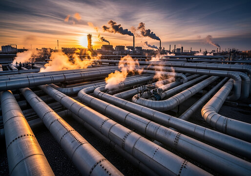 Industrial complex at sunset a network of pipes and towers against a dramatic sky