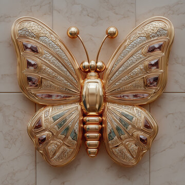 Golden butterfly ornate metallic wings gemstone details luxury wall art