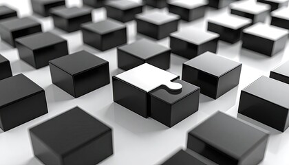 Fototapeta premium A single white puzzle piece is about to connect to a black cube, standing out from a grid of black cubes.