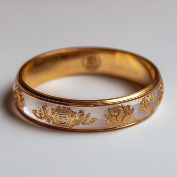 Gold wedding ring engraved floral pattern elegant jewelry closeup