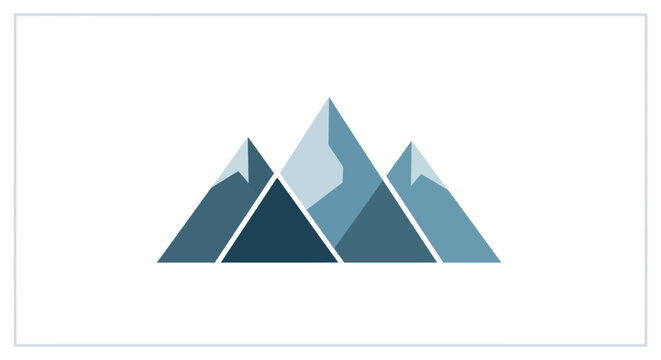 A minimalist depiction of three overlapping mountain peaks in varying shades of blue creating a striking silhouette high quality professional detailed