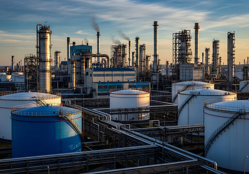 Industrial complex a view of a large oil refinery at dusk with smoke rising
